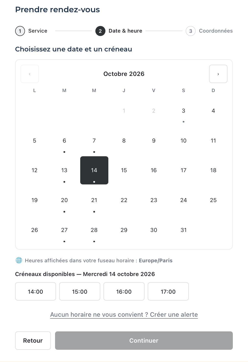 Interface WP Booking Suite : choix d’une date et d’un créneau pour prendre rendez-vous.
